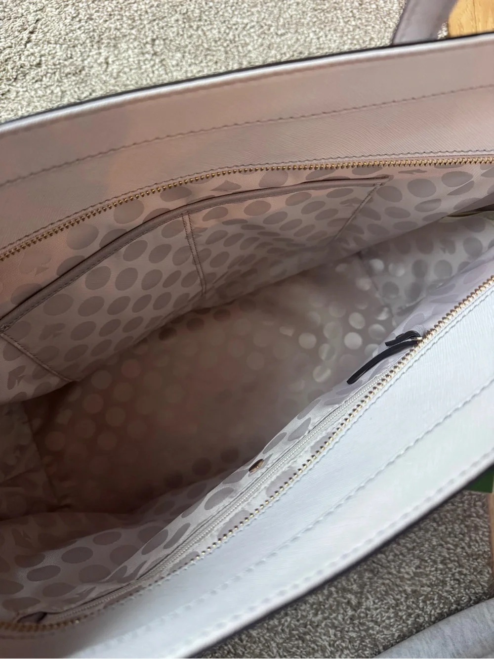 kate spade Pale Gray Leather Tote with Gold Accents